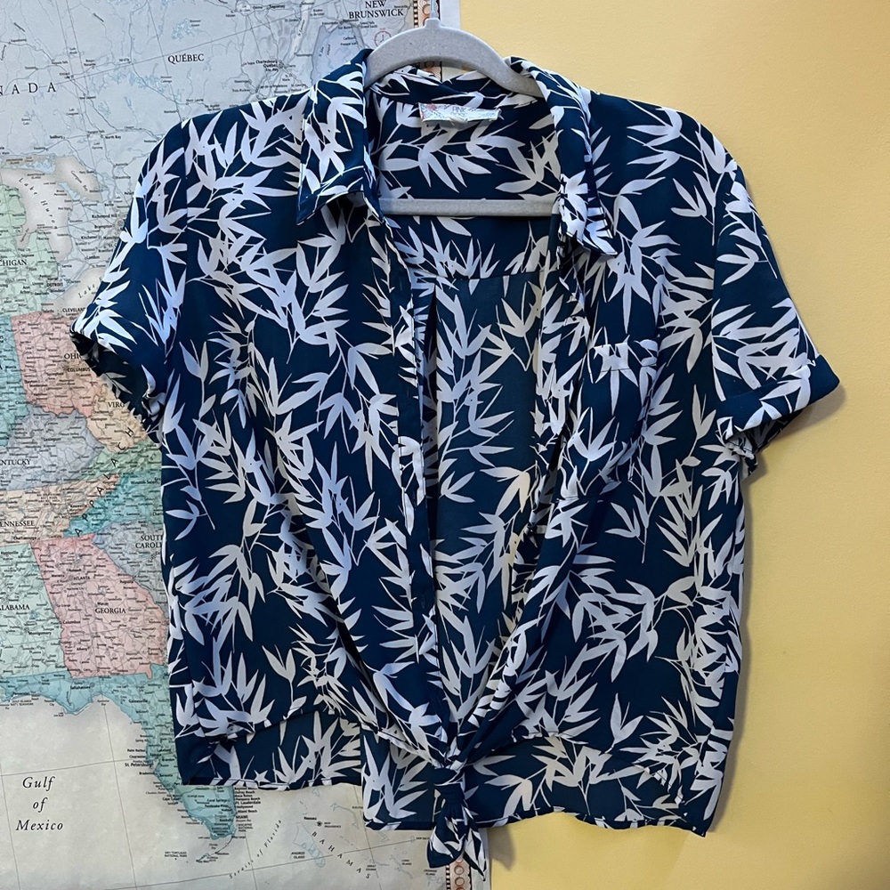 Pink Rose Navy and White Leaf Print Blouse
